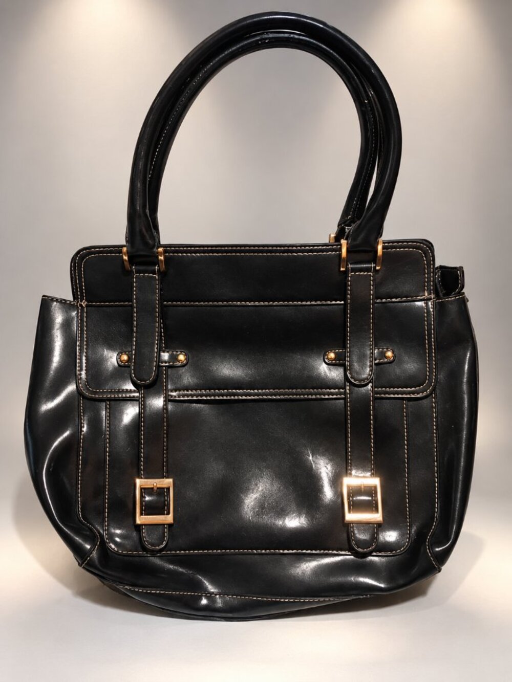 Italian Black Leather Satchel Purse Vintage Double Buckle Gold Tone Handbag